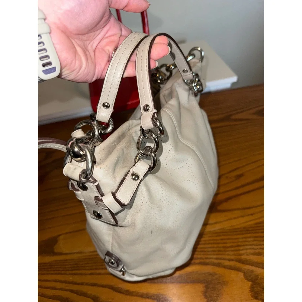Coach Perforated Signature Leather Shoulder Bag Off White Silver Hardware Hobo